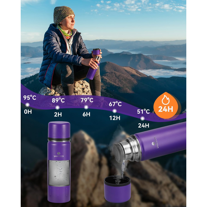 Термос-термокана з нержавіючої сталі SANTECO 1л, 500мл, не протікає, з кришкою-чашкою для подорожей. Термос для кави та чаю для дітей, спорту, без BPA, 24 години холод, 12 годин тепло (фіолетовий, 500 мл)