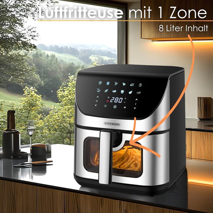 Hot Air Fryer 8 Liter 4 in 1 with Viewing Window, Mini Oven, Grill, Bake, Dehydrate, Fry. Hot Air Fryer, Fryer without Oil, Air Fryer, Hot Air Oven, Hot Air Grill, Dehydrator.