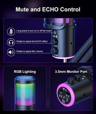 Професійний USB мікрофон для стрімінгу, подкастів та YouTube з RGB підсвіткою та кріпленням 