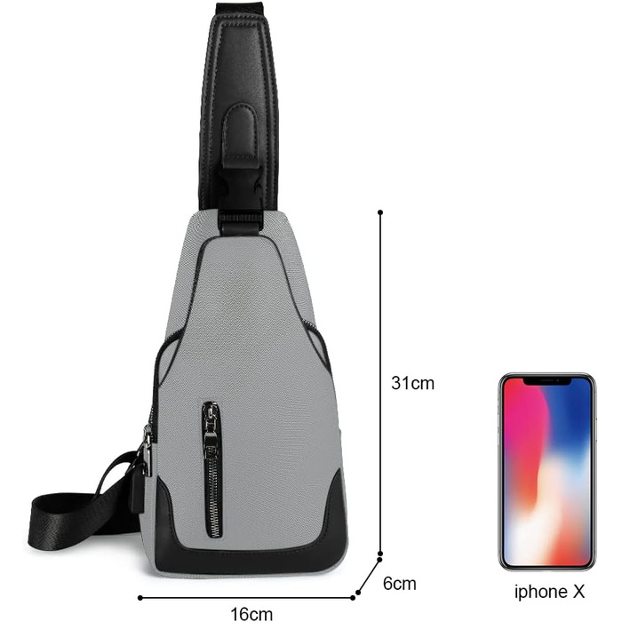 Чоловіча нагрудна сумка Brusttasche, Crossbody з USB-зарядкою, Оксфорд, водонепроникна, для спорту, роботи, подорожей (#6 A-grau)