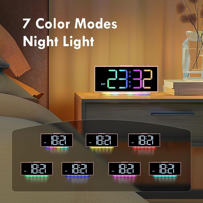 Цифровий LED будильник з RGB нічником (7 кольорів), мережевий будильник з 2 сигналами, функцією Snooze, регулюванням гучності та яскравості, 12/24г (Рожевий)