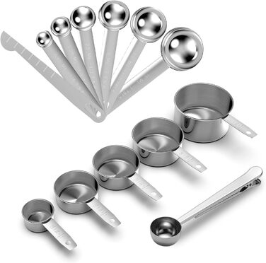 Набір мірних чашок та ложок з нержавіючої сталі FERRGIA (13 шт.) з лінійкою та ложками для кави – точний кухонний інструмент для випічки, приготування їжі, рідин та сухих інгредієнтів. Набір мірних чашок з нержавіючої сталі