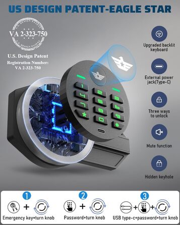 Сейф Kavey 42L з цифровим замком та подвійним сигналом тривоги, з LED-підсвіткою та висувним ящиком