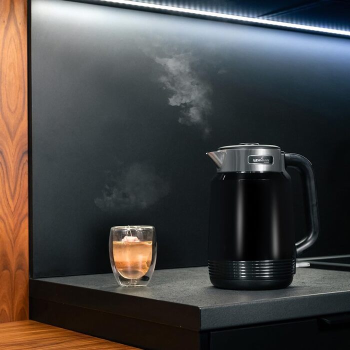 Електричний чайник LEHMANN з нержавіючої сталі 2L, 2200W, швидке нагрівання, подвійні стінки, автовимкнення та захист від перегріву, BPA-free, для великих сімей та офісів, чорний