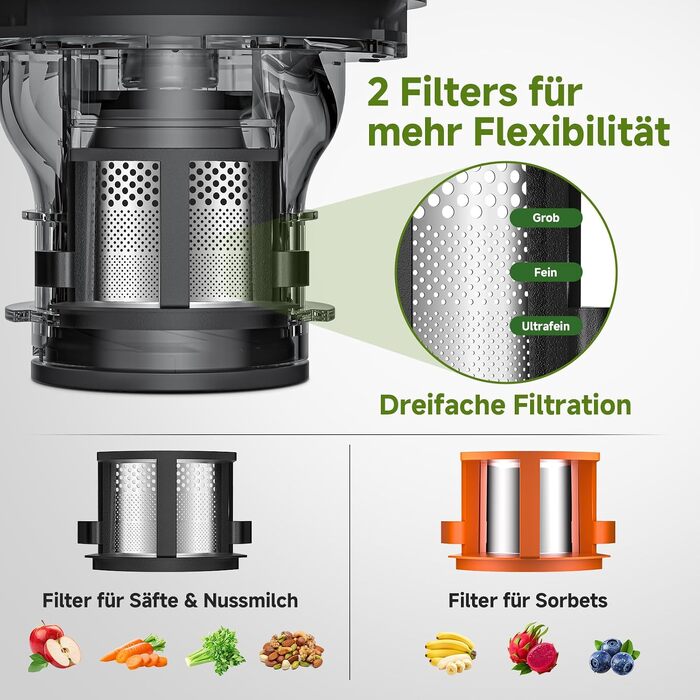 Шнекова соковижималка AMZCHEF 600W з широким завантажувальним отвором 155 мм, матово-чорна