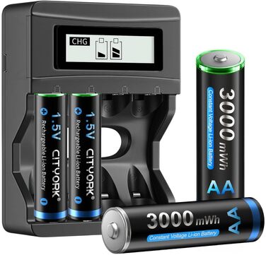 CITYORK Акумулятори AA Li-Ion, 4 шт., 1.5V, 3000mWh, з зарядним пристроєм Bay LCD Micro USB, швидка зарядка, захист від перевантаження