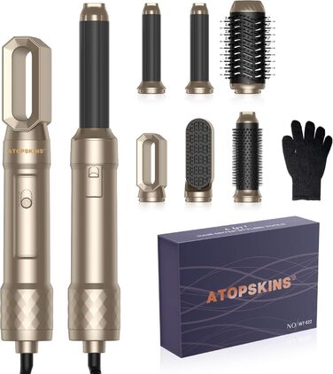 Airstyler Atopskins 6 в 1: комплект для укладки волосся з іонізацією, фен-щітка, локони, об'єм, сушка, випрямлення (золотий/чорний)