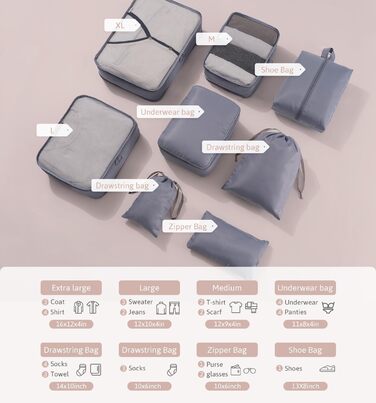 Органайзер для валізи Meowoo, набір 8 шт. (сірий): кубики для пакування, органайзери для подорожей та бізнесу