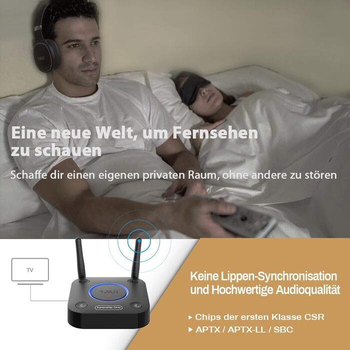 1Mii B06TX Bluetooth 5.2 Передавач для ТВ з aptX HD та низькою затримкою, велика дальність дії, аудіоадаптер для 2 навушників або динаміків, 3,5mm AUX/Оптичний/Коаксіальний вихід, регулювання гучності