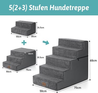 COZY KISS Dog Stairs for Small Dogs, Wide Steps Pet Stairs for Bed Couch Car, 60cm High High-Density Foam Cat Stairs with Removable Cover ( 7x0x60cm, ) (Dark Gray, 5, 75x50x60cm-Removable)