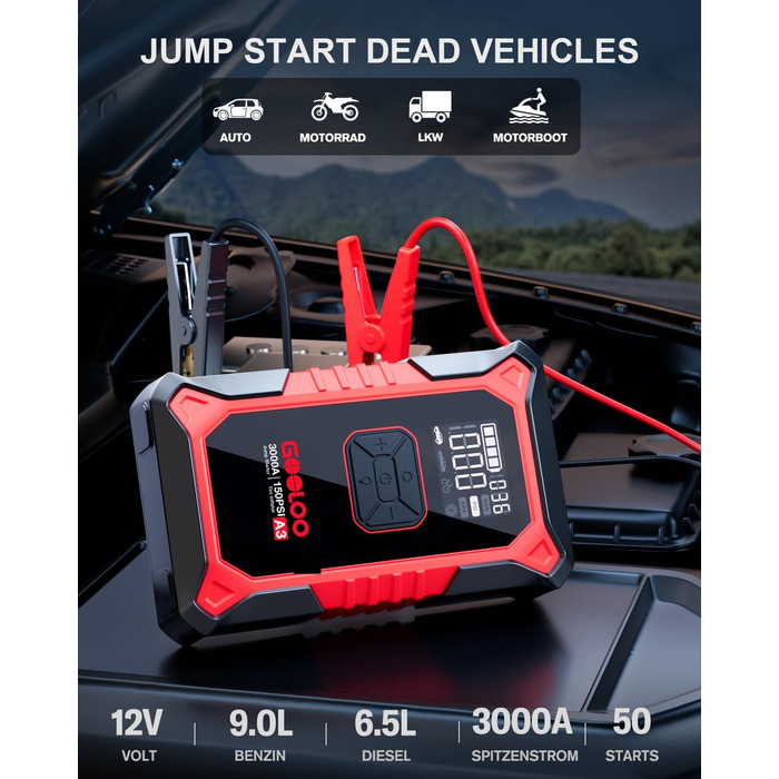 Powerbank з компресором GOOLOO A3 для автомобіля 12V (до 9.0L бензин/6.5L дизель), 3000A, 150PSI, LED дисплей