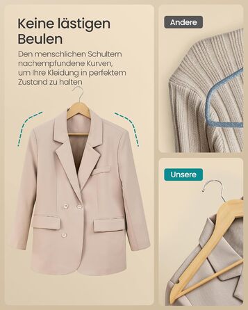 Плечики для одягу SONGMICS з дерева, набір 20 шт., дерев'яні тонкі плечики, для сорочок, жакеток та штанів, з вирізами для плечей, 360° обертовий гачок, береза, білий, CRW0W02