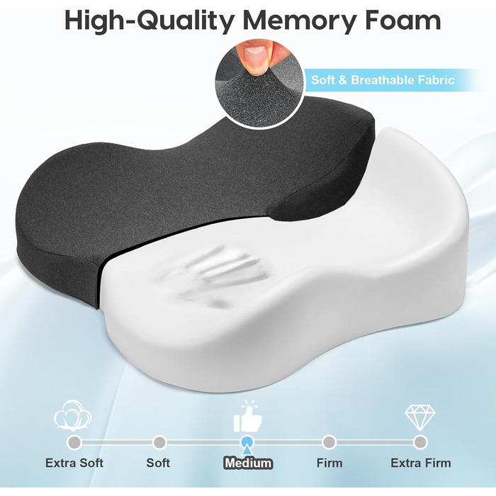 Ергономічна подушка для сидіння на стілець з Memory Foam: для офісу, дому, подорожей. 3D дизайн, дихаючий чохол, антиковзке покриття