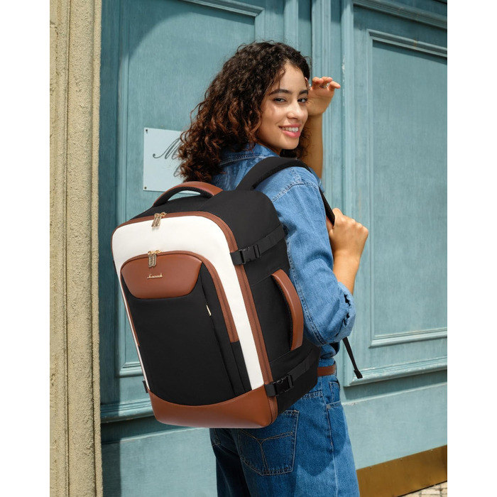 Чоловічий/Жіночий рюкзак OVEVOOK для ручної поклажі, 40 л, валіза-рюкзак для подорожей, з відділенням для ноутбука, водонепроникний, для ділових поїздок та вихідних (L, чорно-бежево-коричневий)