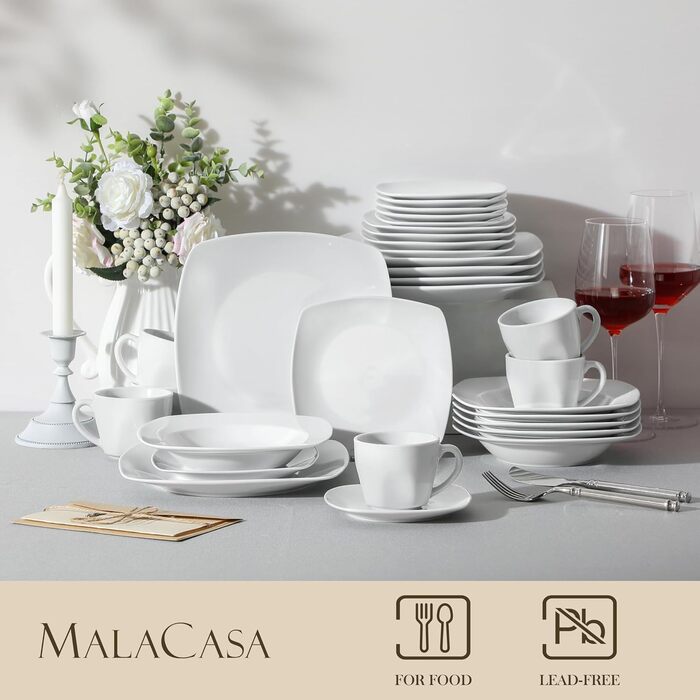 MALACASA Комплект посуду Julia, 60 предметів, кераміка, для 12 осіб. Тарілки, чашки, супові тарілки, десертні тарілки, підставки - повний сервіз