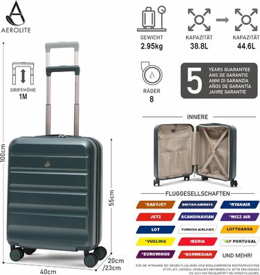Ручний багаж Aerolite, розширюваний, 55x40x20/23 см, 4 колеса, зелений. Підходить для Lufthansa, Eurowings, Condor, Wizz Air.