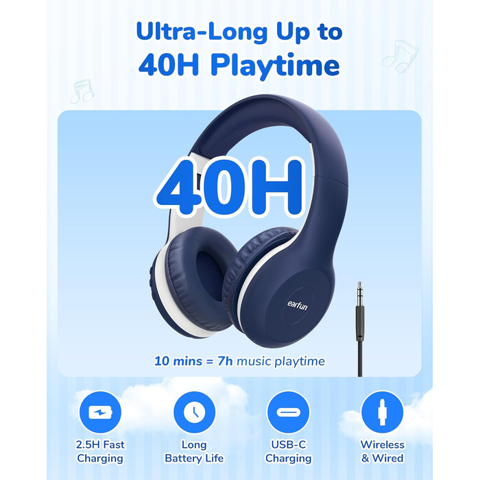 Бездротові навушники EarFun для дітей Bluetooth, регулювання гучності 85/94 дБ, Hi-Fi звук, HD-мікрофон, 40 годин роботи акумулятора, складні, регульовані, для школи/подорожей, блакитний