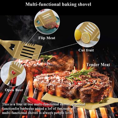 Набір аксесуарів для гриля Kyraton Gold Grill 9 шт. з титановою золотою обробкою, нержавіюча сталь з бакелітовими ручками, стійкий до високих температур, ідеальний для барбекю, тепаньякі та кемпінгу