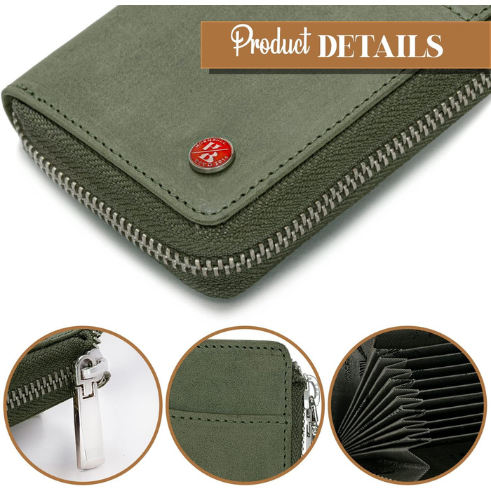 Чоловічий шкіряний гаманець HORNBULL з RFID-блокуванням | Вертикальний картхолдер, оливковий, з блискавкою