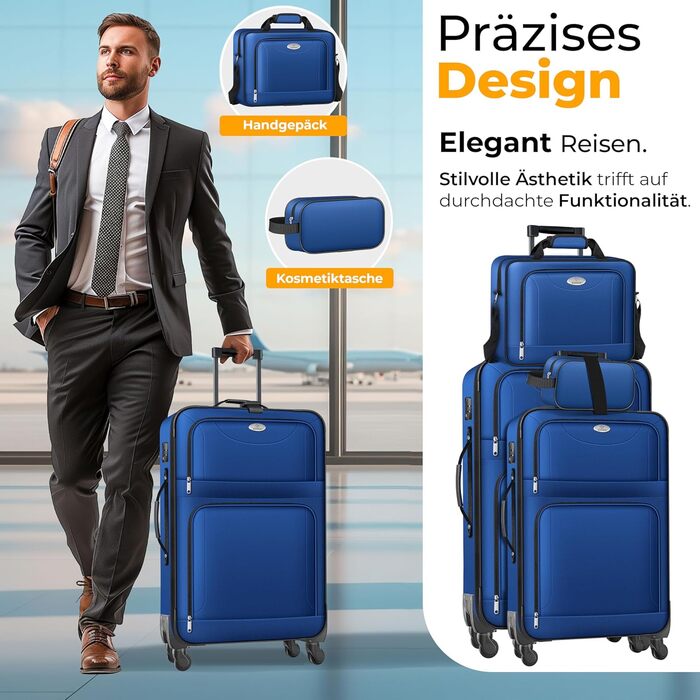 Набір валіз KESSER® 4-в-1 | Чотири валізи з тканини з кодовим замком TSA, 360° колесами та телескопічною ручкою | Косметичка, ручна поклажа, великі валізи для подорожей та бізнесу (Блакитний)