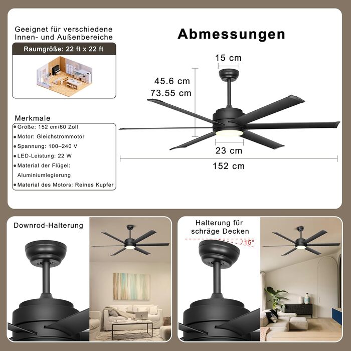 Deckenventilator Ohniyou з підсвіткою, пультом та додатком, 152.4 см (60 дюймів), регульована яскравість, DC-двигун, великий вентилятор для тераси, вітальні, чорний