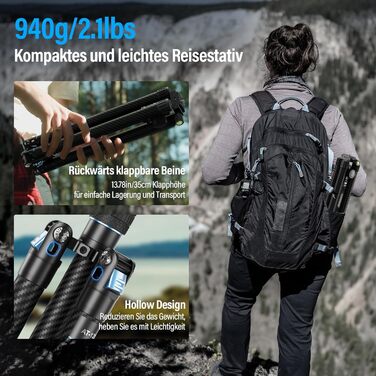 Штатив відео SIRUI Traveler X-III з вуглецевого волокна, 0.95kg, з Fluid-головкою та системою швидкої фіксації Arca Swiss, для DSLR/відеозйомки, реверсивна центральна колона