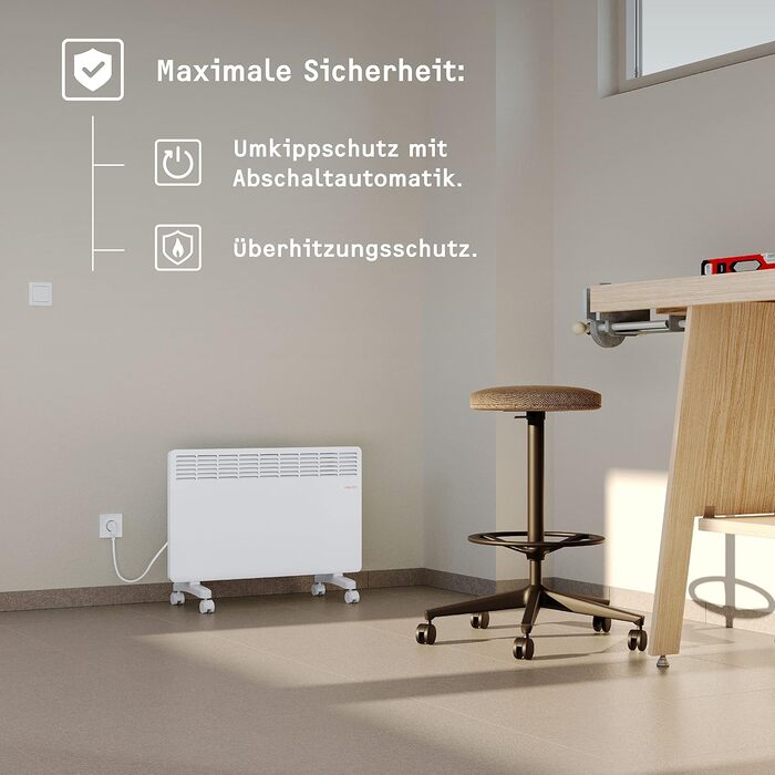 Електричний конвекторний обігрівач Stiebel Eltron 2 kW з таймером, для приміщень 25 м², з поворотними колесами, алюмінієва передня панель, TÜV-сертифікат