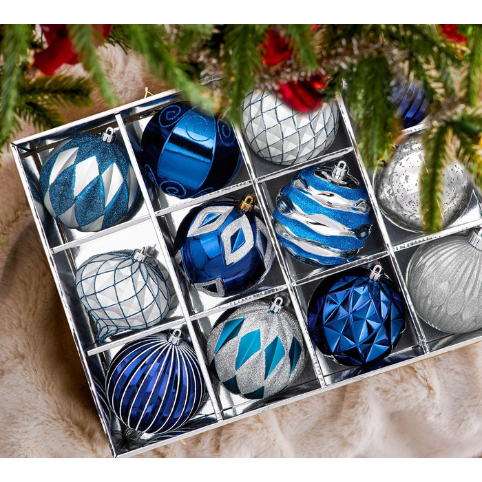 Набір 12 шт. ялинкових кульок 10 см, великі, ударостійкі, блакитні, з гачками