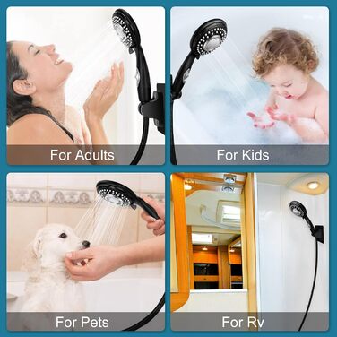 Handheld shower with on/off switch, water-saving, high-pressure showerhead, 150 cm hose, wall-mounted, white painted (matte black)