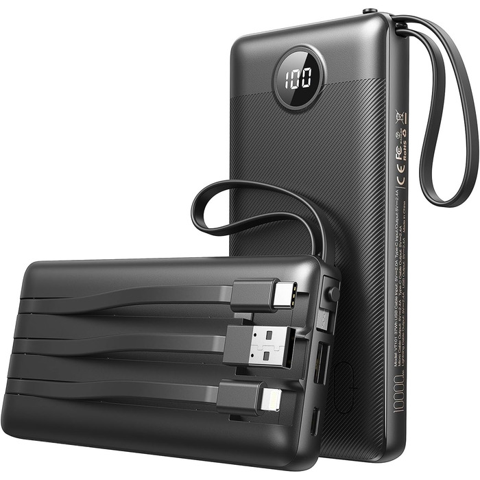 Power Bank 10000mAh з 5 виходами та 2 входами, LED дисплеєм та вбудованими кабелями. Сумісний з iPhone, iPad, Samsung, Xiaomi, Google Pixel. Чорний