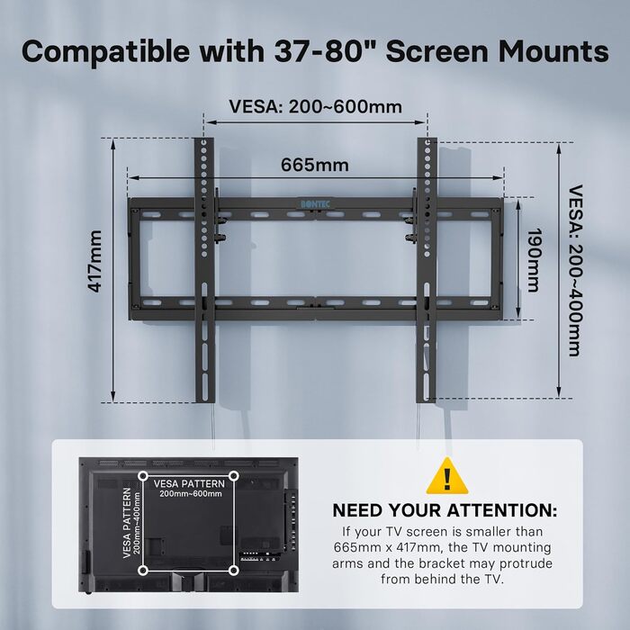Кріплення для телевізора BONTEC для LED, LCD, OLED, Plasma телевізорів (37-80 дюймів), настінне кріплення, нахил, до 55 кг, VESA 600x400, рівень та стяжки
