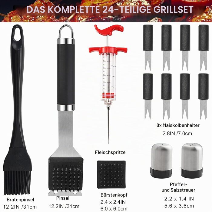 Набір аксесуарів для гриля та барбекю Grilljoy, 24 предмети, нержавіюча сталь в алюмінієвому кейсі, термостійкі ручки, для кемпінгу та саду