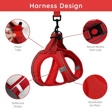 Шлейка для собак BELLA & PAL для маленьких собак з повідком, Step-in шлейка з Air Mesh, анти-тяга, світловідбиваюча, дихаюча, для цуценят, котів, червона, XS (30-35 см обхват грудей)