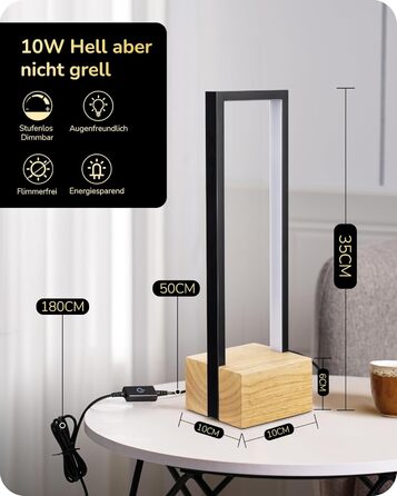 LED настільна лампа EDISHINE з дерева, торкання, регулювання яскравості та функцією пам'яті, 3 колірні температури, 350 люмен, сучасна лампа для вітальні, офісу, подарунок, чорний сучасний стиль