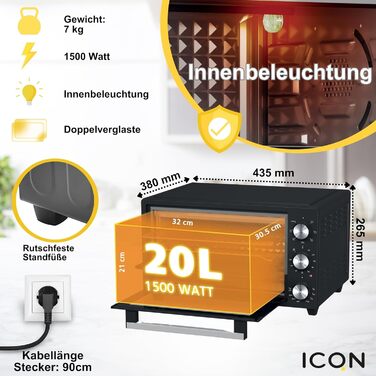 Міні-піч ICQN 50L з конвекцією, 1800 Вт, підсвічуванням, 5 функцій, таймером на 60 хв, з набором деко, 20 літрів
