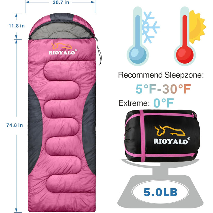 Спальний мішок зимовий для дорослих -0°C (450GSM) | Діапазон температур 5-32°F | Водонепроникний, портативний, для кемпінгу, походів, трекінгу | Рожево-сірий | Для великих і високих