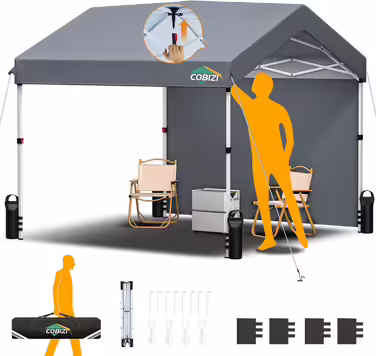 COBIZI Pavilion - Folding Pavilion - Waterproof, Stable, 275 cm Party Tent, UV Protection 50+, Folding Pavilion with Waffle Pattern for Camping, Beach, Family Gatherings (White) (Gray, 3x3m with 1 Side Walls)