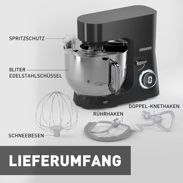 Кухонна машина Heinrichs 2500W з двома гаками для тіста, міксером та вінчиком, 8 швидкостей, чаша 7л з нержавіючої сталі, тиха, з титановим покриттям