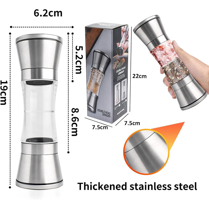 Мельниця для солі та перцю 2-в-1 Cyiecw, ручна, з регульованою керамічною млиночкою, з можливістю поповнення, нержавіюча сталь, срібна