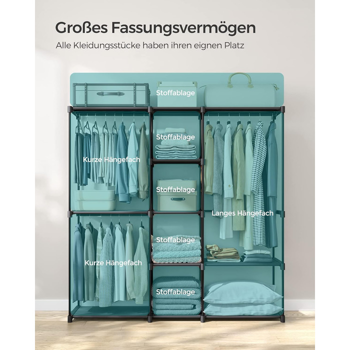 SONGMICS Шкаф для одягу, вішалка для одягу, гак для одягу, з вішалкою для одягу, полиці з тканини, металевий каркас, 182 x 43 x 182 см, чорний, RYG037B02