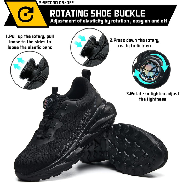 Черевики робочі чоловічі/жіночі, спортивні, дихаючі, анти-удари, зі сталевим підноском, шнурівка, швидка застібка, поворотний замок, 46 EU, чорні