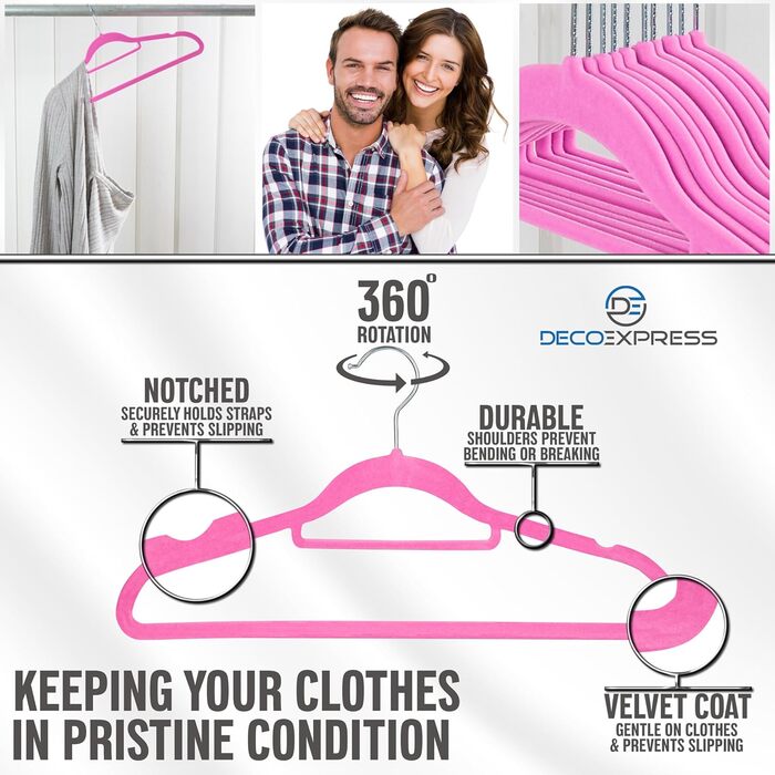 Плечики для одягу Deco Express з оксамиту, антиковзаючі, економія місця, набір (50 шт., рожеві)