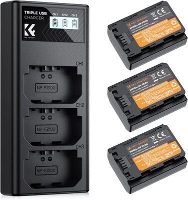 Акумулятор K&F Concept NP-FZ100 (3 шт) з зарядним пристроєм на 3 слоти, 2280mAh для Sony Alpha A7III, A7IV, A7R III/A7R3, A7RIV, A7RV, A7C, A7S III/A7S3, A9, A9II, A6600, A9R, FX3, FX30