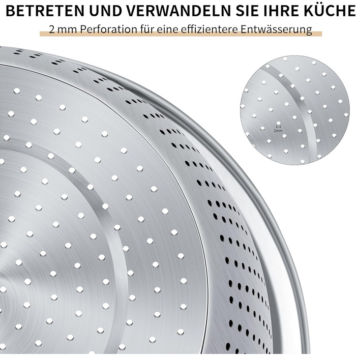 Ситечко кухонне нержавіюча сталь 24 см (2 шт.) з мисками для перемішування. Підходить для миття овочів, фруктів, пасти. Можна мити в посудомийній машині.