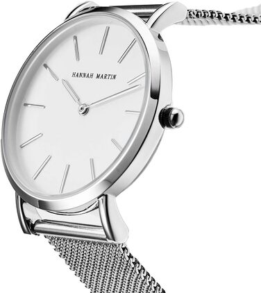 Жіночий годинник Hannah Martin: аналоговий кварц, водонепроникний, з нержавіючої сталі, ультратонкий, сіре мережате плече, біле покриття