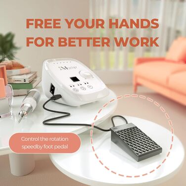 Nagelfräzer JCMaster Profi: Електрична фрезер для нігтів з педаллю, 35000 об/хв, 6 насадок, сенсорне керування (Білий)