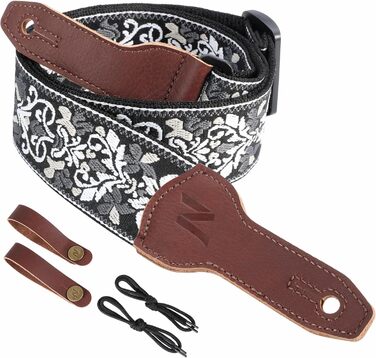 Гітарний ремінь Nefelibata Banjo-Gurt, 5,1 см, повна шкіра телятини, біла вишивка квітів