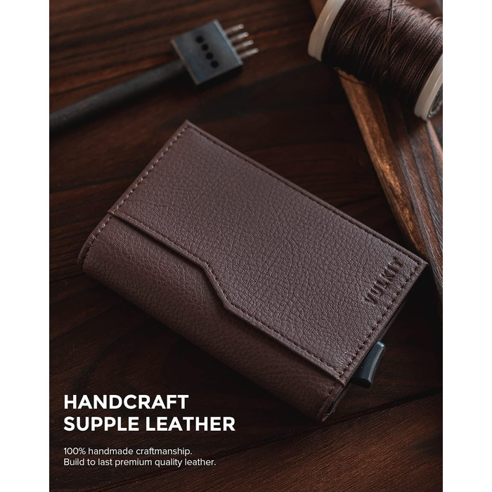 Кредитне портмоне VULKIT з двома вікнами для ID, RFID-захистом, автоматичний підйом, з натуральної шкіри, для карток та грошей (Коричневий)