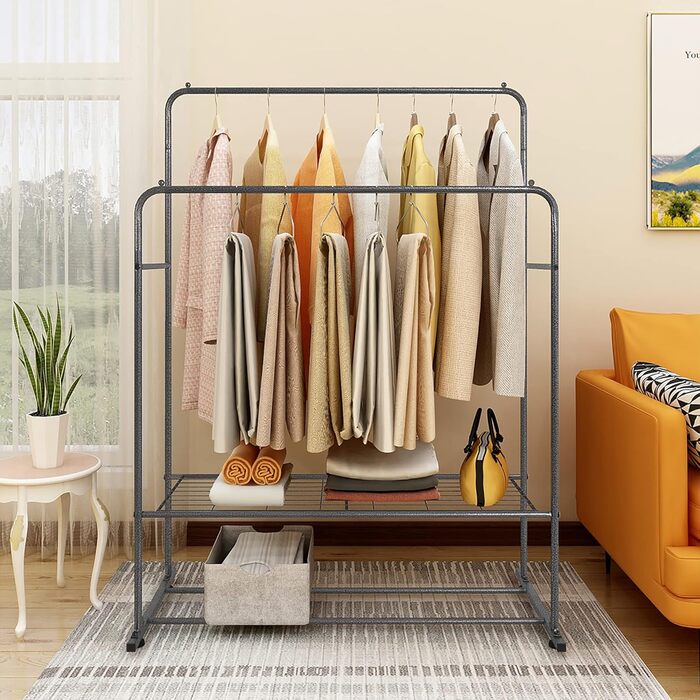 JURMERRY Freestanding Clothes Rack, Double Hanging Rail, High-Performance Metal with Shelf, Commercial Grade, (Silver)