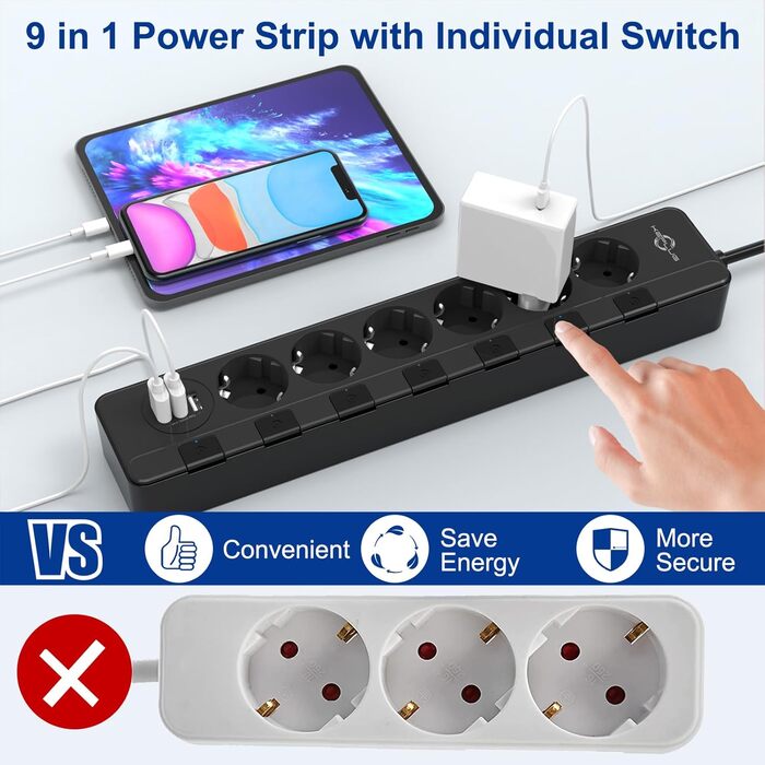Мережевий фільтр KEPLUG з USB, 4000W, 16A, 6 розеток, 2м кабель, захист від перенапруги, дитячий захист, чорний